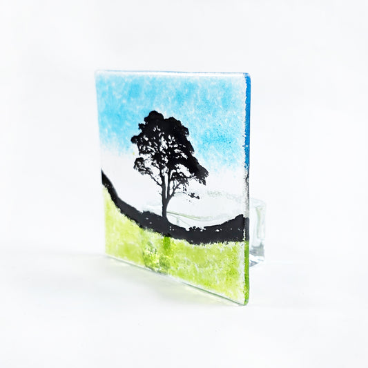 Sycamore Gap Fused Glass Tealight Holder, Handmade Tree Landscape Candle Holder, Hadrian’s Wall Inspired Glass Art Gift
