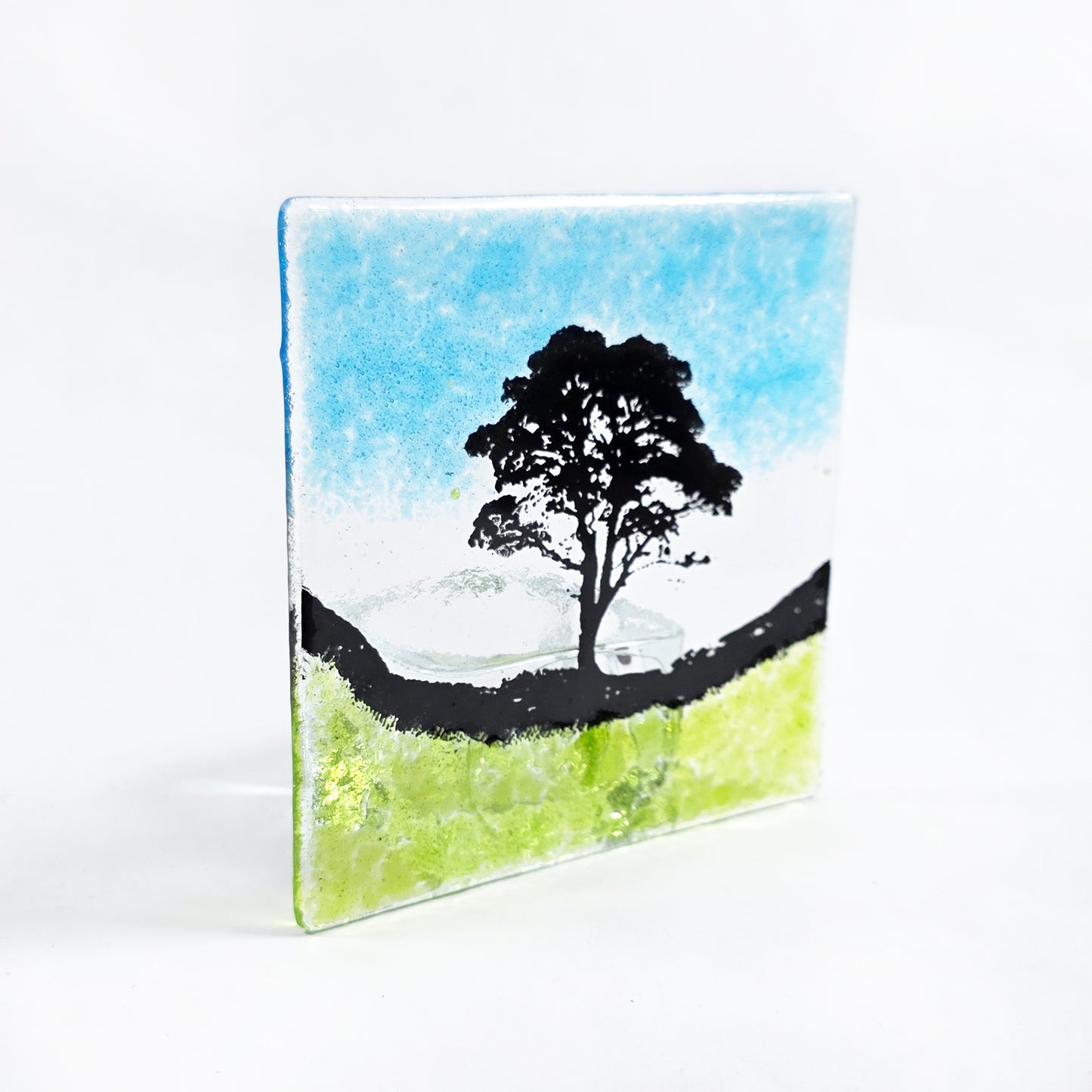 Sycamore Gap Fused Glass Tealight Holder, Handmade Tree Landscape Candle Holder, Hadrian’s Wall Inspired Glass Art Gift