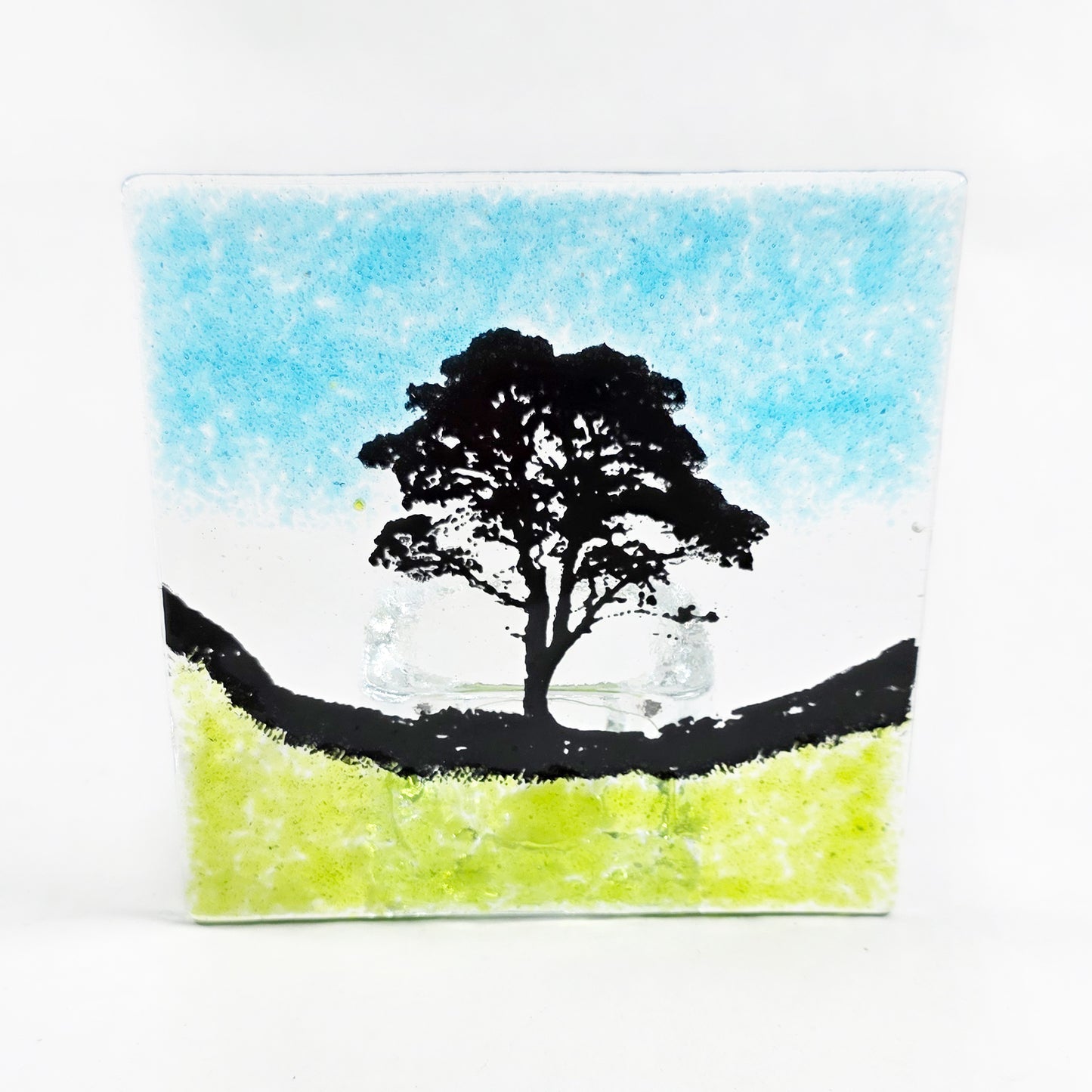 Sycamore Gap Fused Glass Tealight Holder, Handmade Tree Landscape Candle Holder, Hadrian’s Wall Inspired Glass Art Gift