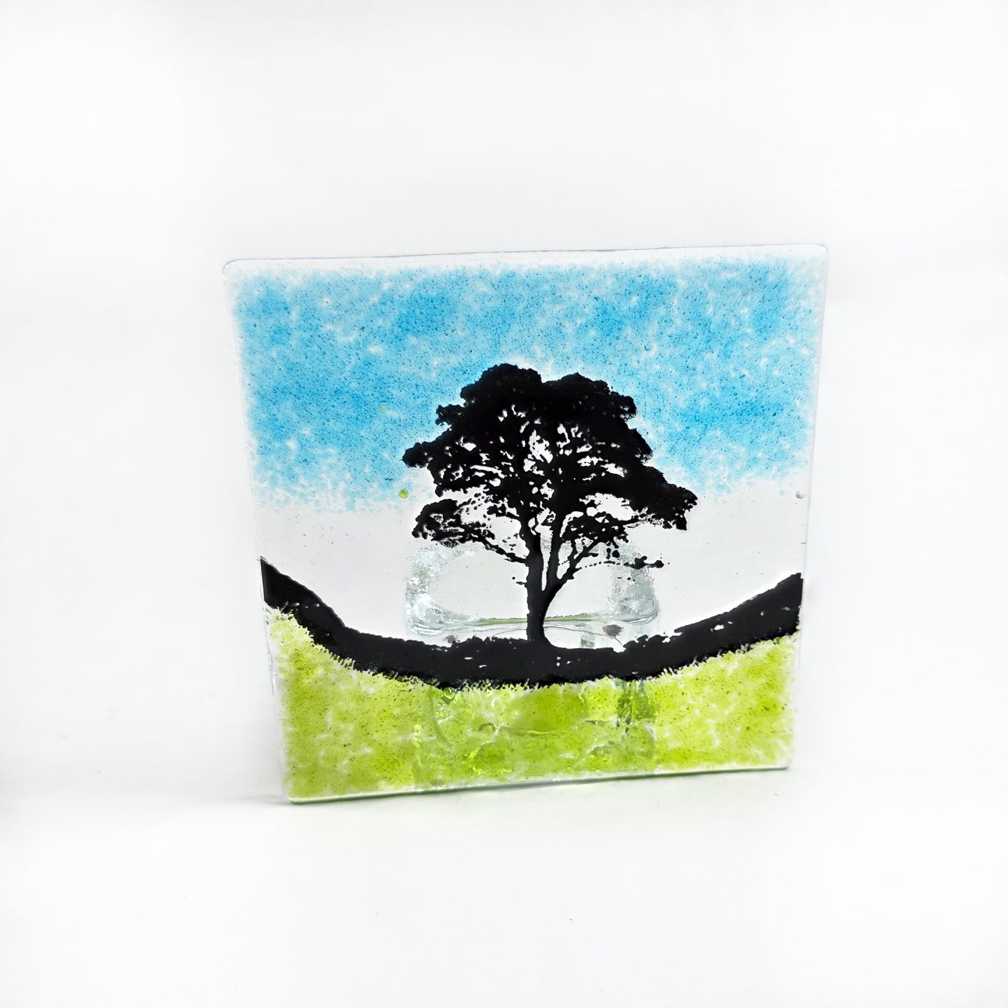 Sycamore Gap Fused Glass Tealight Holder, Handmade Tree Landscape Candle Holder, Hadrian’s Wall Inspired Glass Art Gift