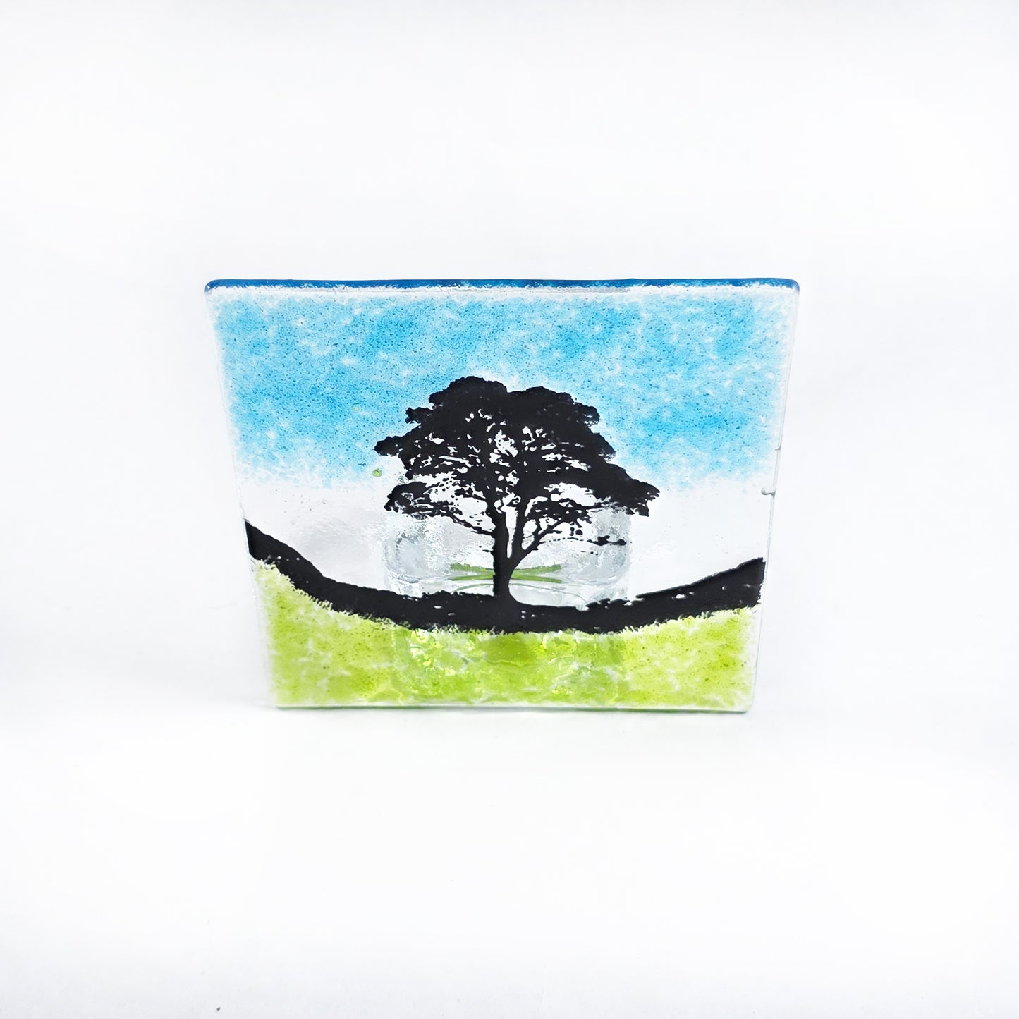 Sycamore Gap Fused Glass Tealight Holder, Handmade Tree Landscape Candle Holder, Hadrian’s Wall Inspired Glass Art Gift