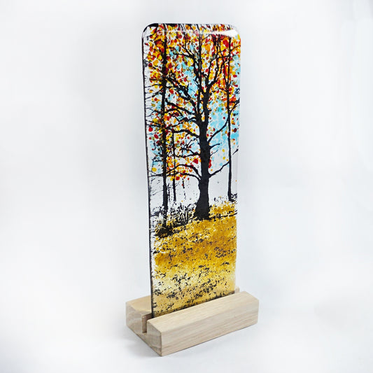 Fused Glass Autumn Forest Tree Panel with Wooden Stand – 22cm -  Handmade Glass Art