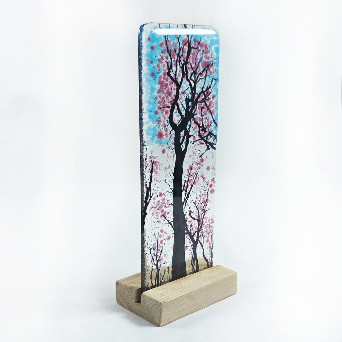 Handmade Fused Glass Pink Blossom Tree Panel – Freestanding Glass Art with Wooden Base – 22cm Tall