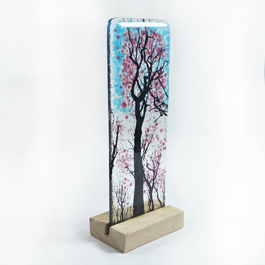 Handmade Fused Glass Pink Blossom Tree Panel – Freestanding Glass Art with Wooden Base – 22cm Tall