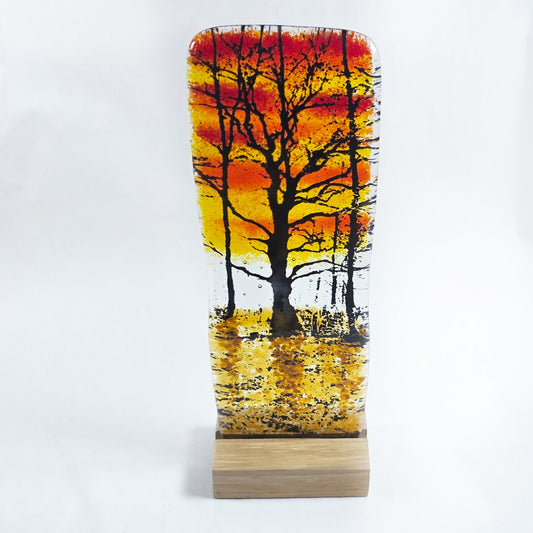 Fused Glass Sunset Trees Art Panel with Wooden Stand – Handmade Autumn Woodland Glass Decoration  Short Description