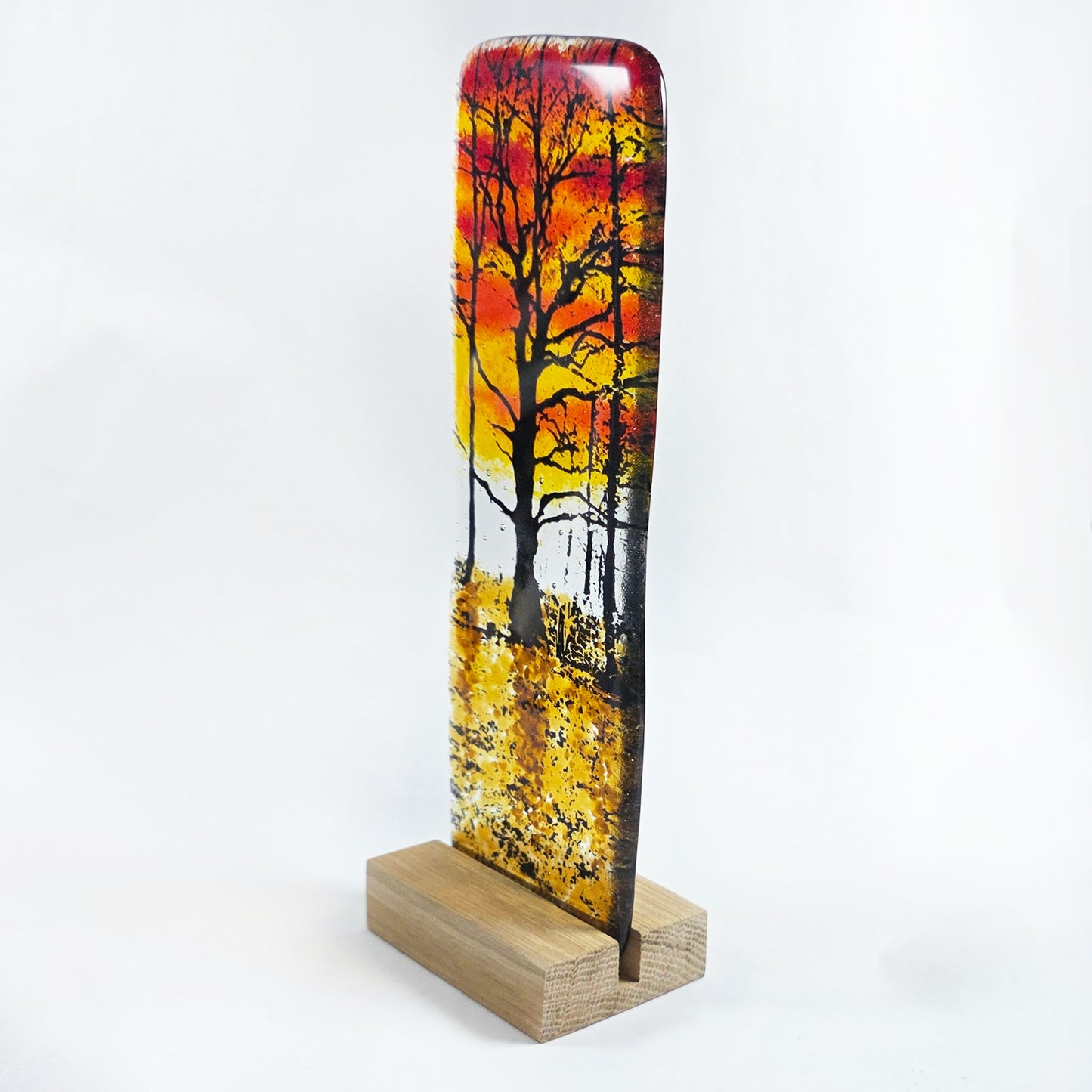 Fused Glass Sunset Trees Art Panel with Wooden Stand – Handmade Autumn Woodland Glass Decoration  Short Description