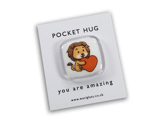 Lion Hug Fused Glass pocket hug, love you, thinking of you, miss you, you are amazing, gift for her, friendship gift, sympathy, Pocket Hug