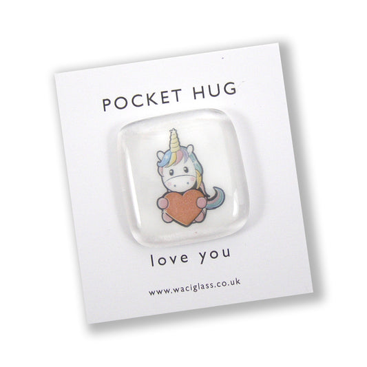 Unicorn Pocket Hug Fused Glass, hugs, love you, thinking of you, miss you, you are amazing, NHS, key worker, friendship gift, pocket pebble