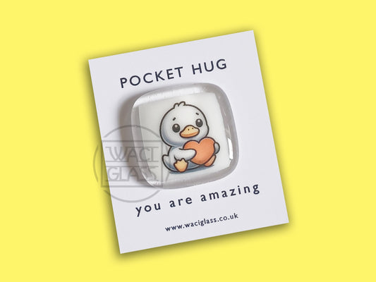 Pocket Duck Fused Glass, pocket hug, love you, thinking of you, miss you, you are amazing,  gift for her, friendship gift, duck gift