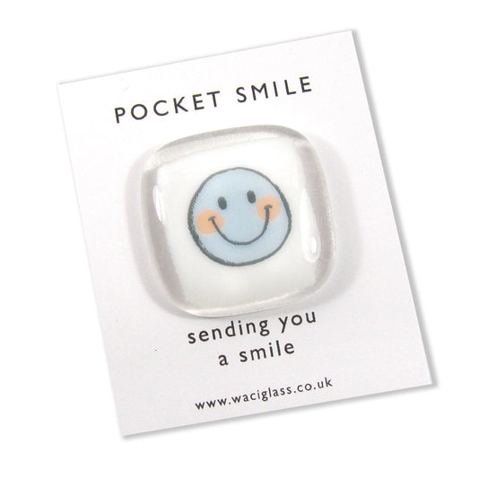 Pocket Smile Fused Glass, Blue smile face, NHS, key worker, friendship gift, Keepsake, lockdown, social distancing, isolation gift