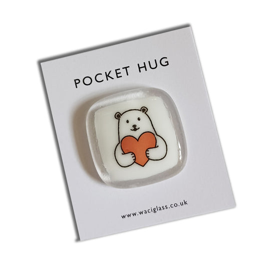 Pocket Hug Fused Glass Polar Bear, hugging heart, Keepsake, bear hug, key worker, friendship gift, NHS gift, Polar Bear, pocket token, hugs