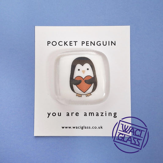 Pocket Hug, Penguin, Fused Glass, Penguin pocket hug, love you, thinking of you, miss you, you are amazing, pocket hug gift