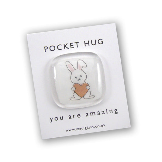 Rabbit Pocket Hug Fused Glass, hugs, love you, thinking of you, miss you, you are amazing, Easter, NHS, key worker, friendship gift, Bunny