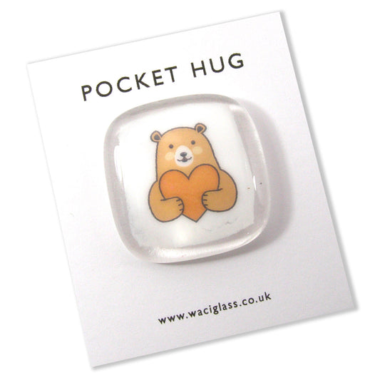 Bear Pocket Hug Fused Glass. hugging heart, Keepsake, pocket heart, friendship, NHS gift, isolation gift, brown bear, pocket token, bear hug